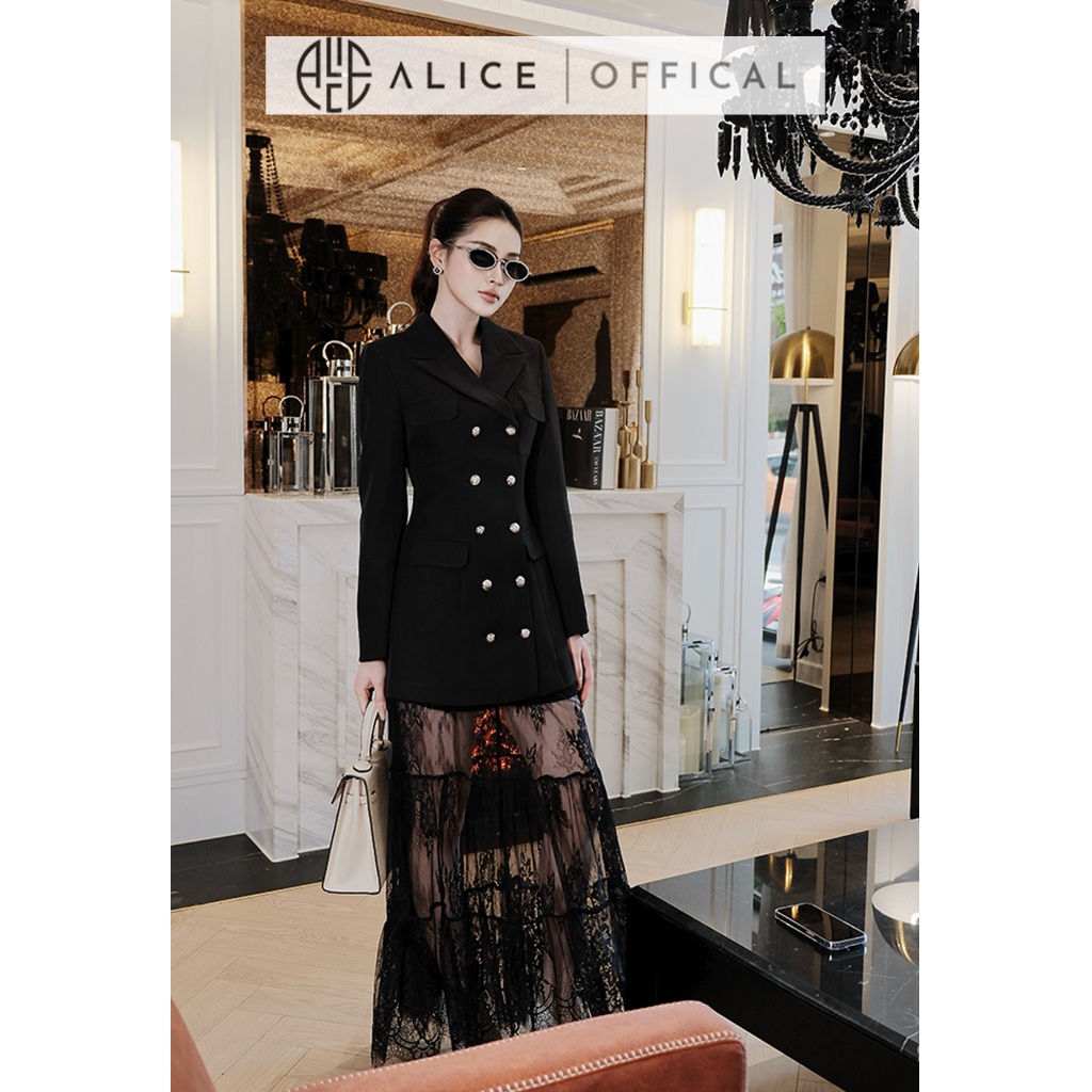 Set Đồ Thu Đông Alice, Áo Chất Dạ Lót Lụa Dáng Dài 2 Hàng Cúc Phối Chân Váy Ren Có Lót Quần S1003