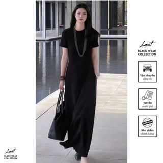 Đầm nữ đen thiết kế xuông thanh lịch LUST Váy nữ cổ tròn tay ngắn dáng dài phối túi QD440