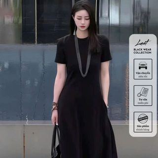 Đầm nữ đen thiết kế xuông thanh lịch LUST Váy nữ cổ tròn tay ngắn dáng dài phối túi QD440