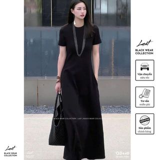 Đầm nữ đen thiết kế xuông thanh lịch LUST Váy nữ cổ tròn tay ngắn dáng dài phối túi QD440