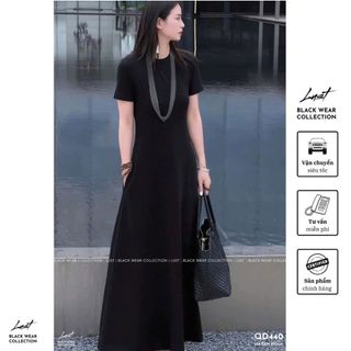 Đầm nữ đen thiết kế xuông thanh lịch LUST Váy nữ cổ tròn tay ngắn dáng dài phối túi QD440