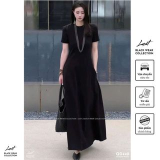 Đầm nữ đen thiết kế xuông thanh lịch LUST Váy nữ cổ tròn tay ngắn dáng dài phối túi QD440