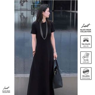 Đầm nữ đen thiết kế xuông thanh lịch LUST Váy nữ cổ tròn tay ngắn dáng dài phối túi QD440