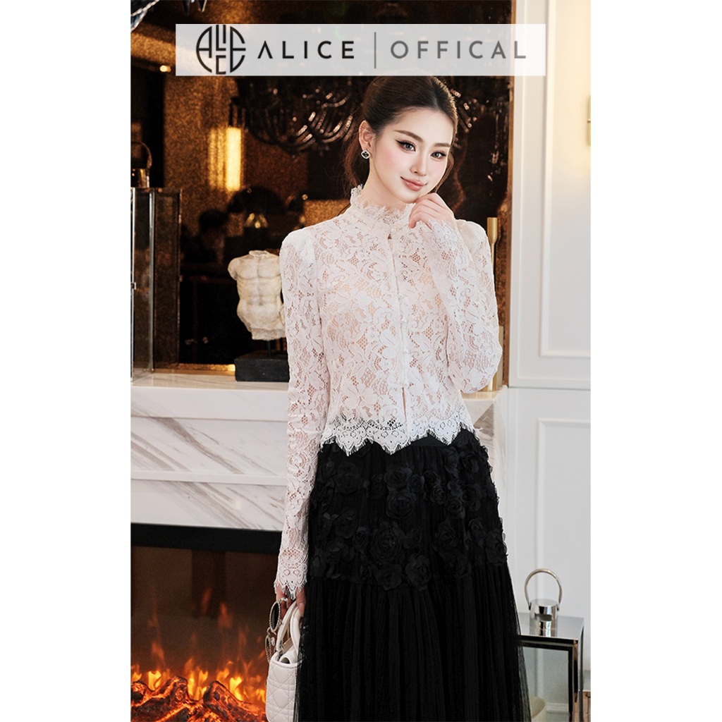 Set Váy Cao Cấp Alice Áo Dài Tay Chất Ren Cổ Cao Phối Viền, Chân Váy Maxi Chất Tơ Dập Li Đính Hoa Nổi A1017+CV1014