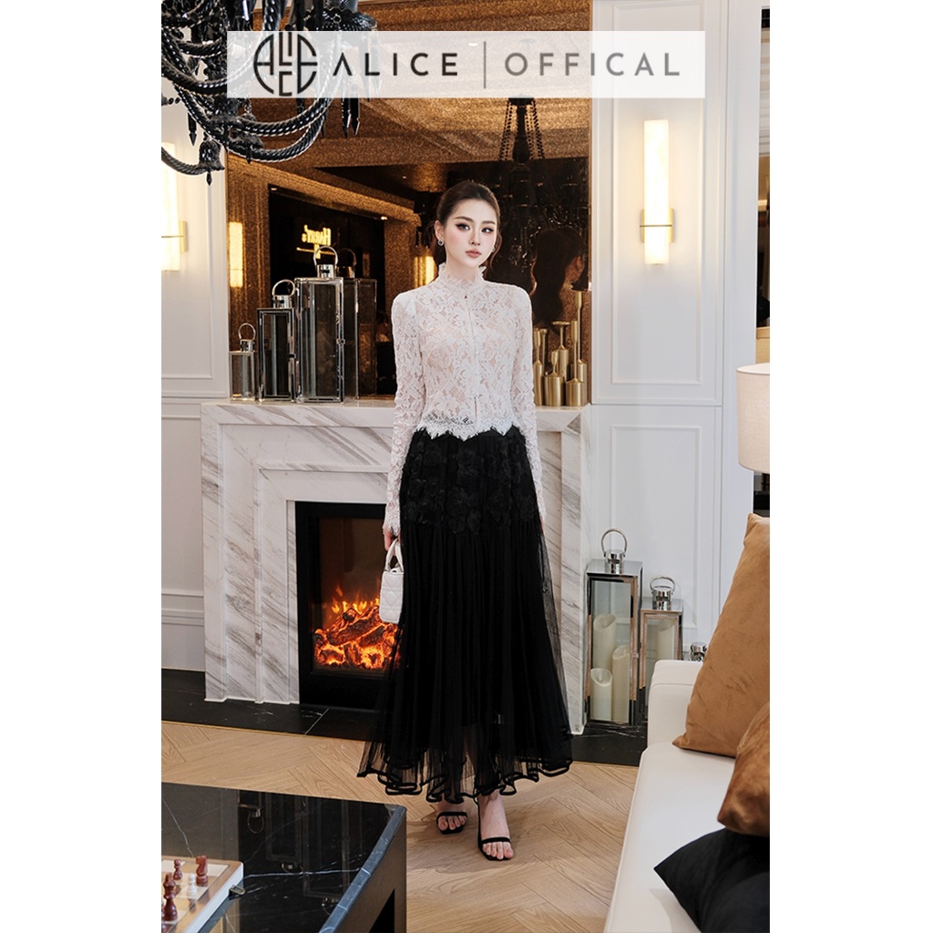 Set Váy Cao Cấp Alice Áo Dài Tay Chất Ren Cổ Cao Phối Viền, Chân Váy Maxi Chất Tơ Dập Li Đính Hoa Nổi A1017+CV1014