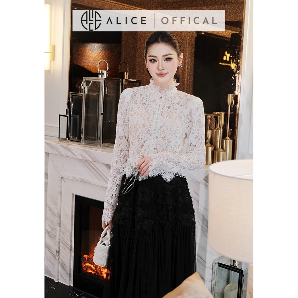 Set Váy Cao Cấp Alice Áo Dài Tay Chất Ren Cổ Cao Phối Viền, Chân Váy Maxi Chất Tơ Dập Li Đính Hoa Nổi A1017+CV1014