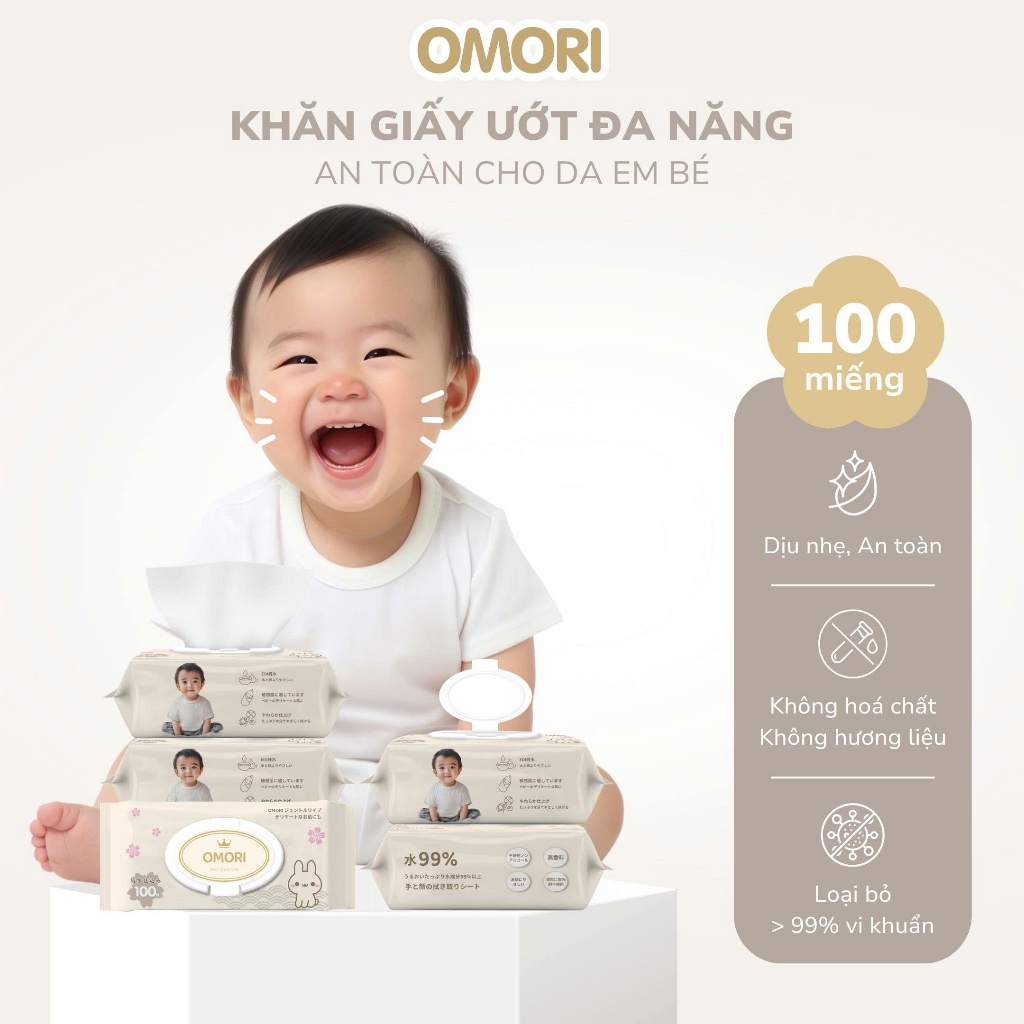 Khăn Giấy Ướt Đa Năng OMORI 100 Tờ Mềm Nhẹ An Toàn Không Bai Xù Cho Bé