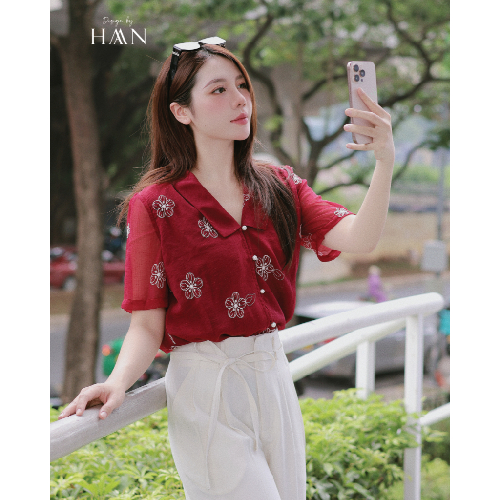 Áo Sơ Mi Tơ Nữ Màu Đỏ Thiết Kế Cổ V Thêu Hoa Nổi Đính Cúc Ngọc Sang Chảnh HAAN Design SM608