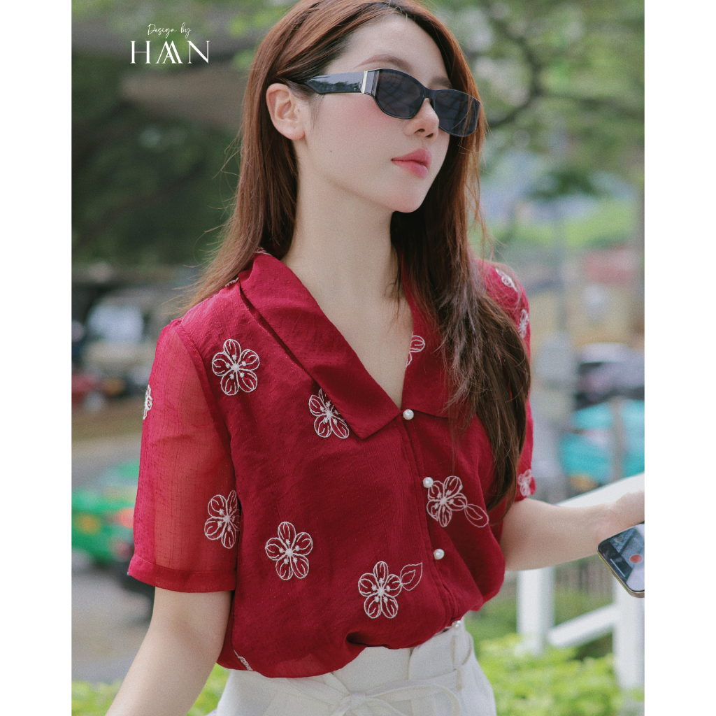 Áo Sơ Mi Tơ Nữ Màu Đỏ Thiết Kế Cổ V Thêu Hoa Nổi Đính Cúc Ngọc Sang Chảnh HAAN Design SM608