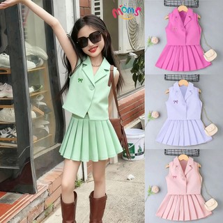 Bộ Set MớI Cho Bé GáI: ÁO KhôNg Tay Cổ Vest + ChâN VáY XếP Ly + Nơ, Set Set áO VáY