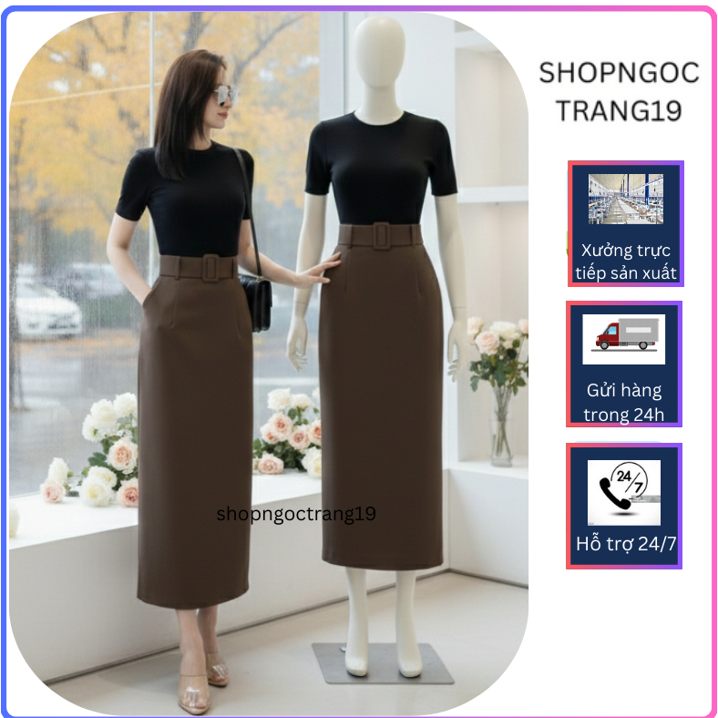 Chân Váy Suông Dài 90cm Phối Đai_2 Lớp, Chất Liệu Vitex, Chân Váy Công Sở Hách Dáng_CV56