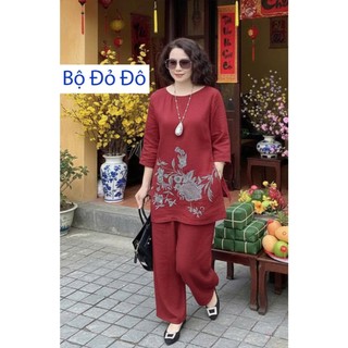 Bộ đồ Linen THÊU hoa cao cấp cho mẹ – Mặc mát, sang trọng - H34