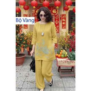 Bộ đồ Linen THÊU hoa cao cấp cho mẹ – Mặc mát, sang trọng - H34