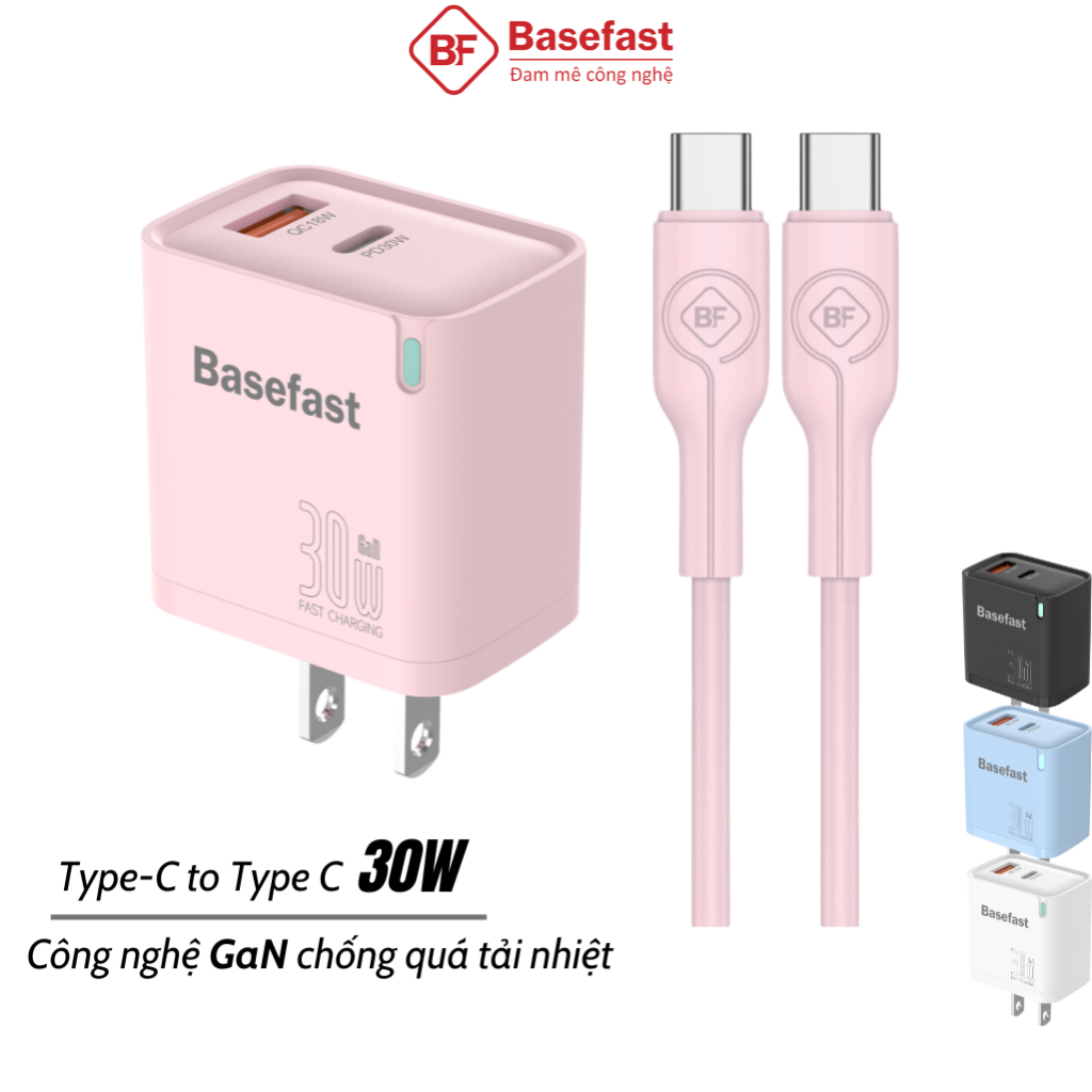 Combo bộ sạc nhanh Type C 30W 2 cổng Basefast siêu bền dùng cho Phone 15 16 17 samsung oppo xiaomi