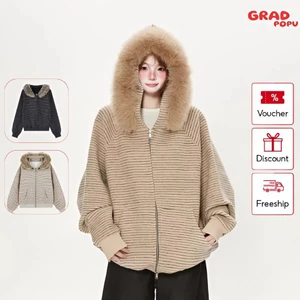 Áo khoác nữ GRADPOPU kẻ sọc có mũ trùm đầu cổ lông lớn lót lông cừu kiểu dáng thoải mái AK533