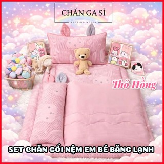 🍎BÉ YÊU🍎Bộ 6 Món Nệm Chăn Gối Băng Lạnh Phối Lụa Lyocell Cho Bé Đi Học, Kèm Túi Đựng_Chăn Ga Sỉ HCM