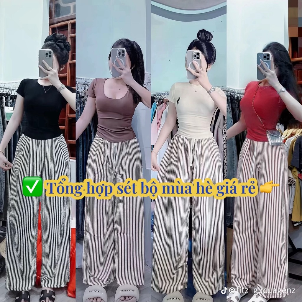 Sét bộ nữ ôm boddy from chuẩn giáng xinh Áo Trơn, In Ngựa Phối quần Kẻ Dọc cạp chun ống rộng,mẫu cực đẹp cho 2026