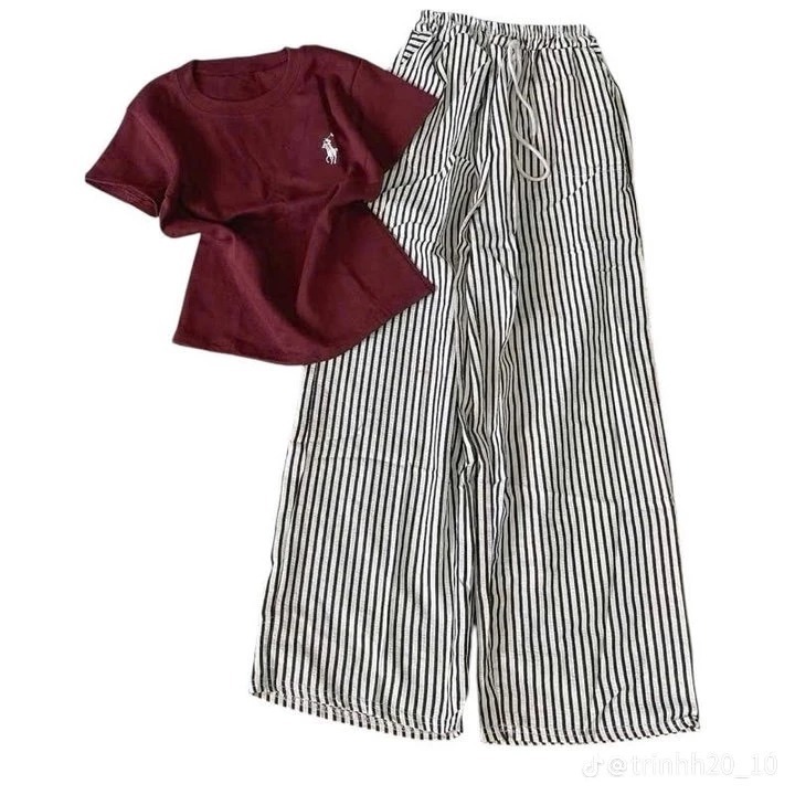 Sét Bộ Nữ Babytee Logo Ngựa Phối Quần Dài Kẻ Sọc Chất Đũi Mặc Đi Học,Chơi,Làm Siêu Xinh