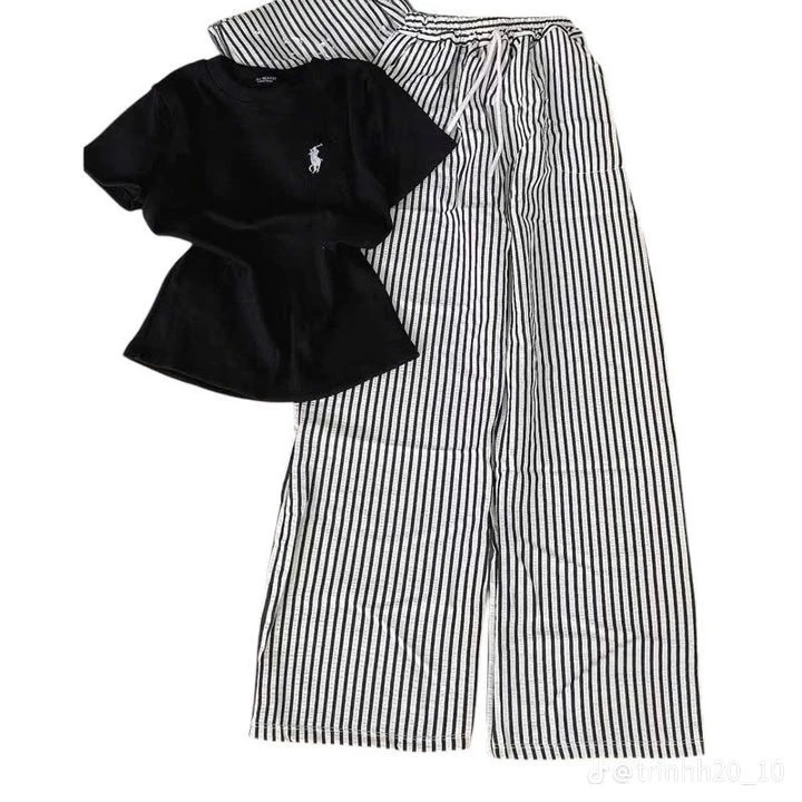 Sét Bộ Nữ Babytee Logo Ngựa Phối Quần Dài Kẻ Sọc Chất Đũi Mặc Đi Học,Chơi,Làm Siêu Xinh