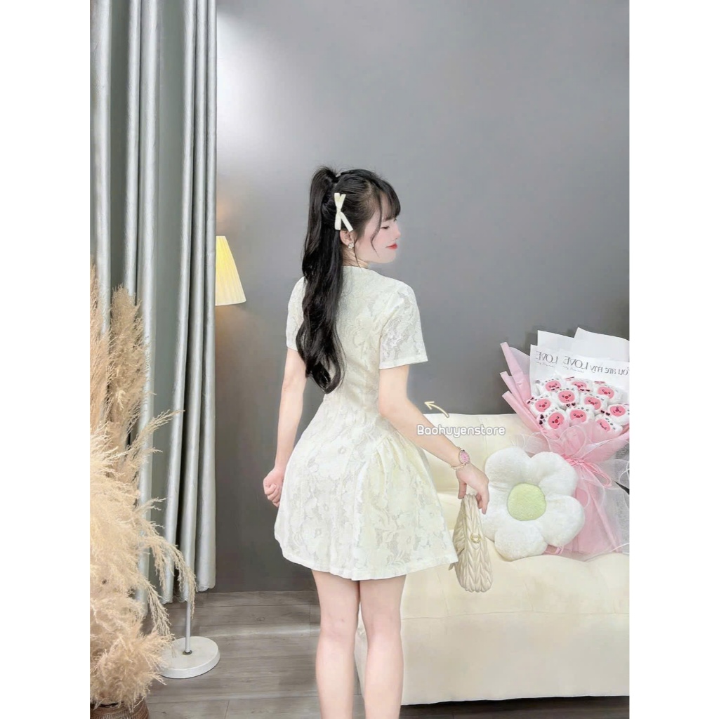 Đầm ren hoa cao cấp dáng xòe tiểu thư cổ nơ thanh lịch tôn dáng dự tiệc đi chơi