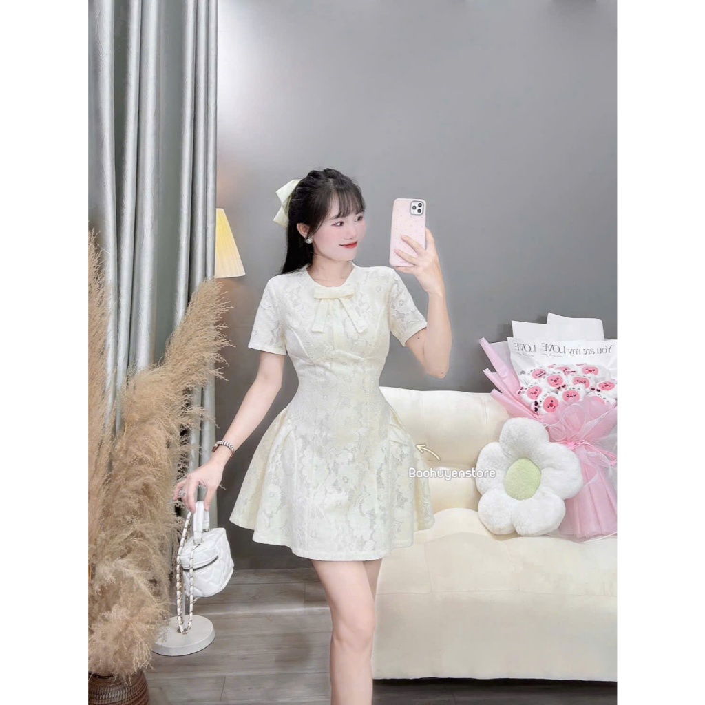 Đầm ren hoa cao cấp dáng xòe tiểu thư cổ nơ thanh lịch tôn dáng dự tiệc đi chơi