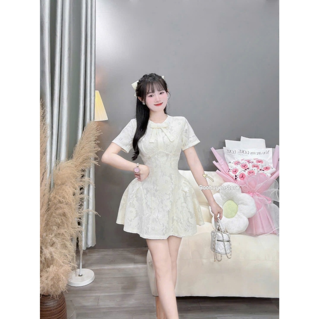 Đầm ren hoa cao cấp dáng xòe tiểu thư cổ nơ thanh lịch tôn dáng dự tiệc đi chơi