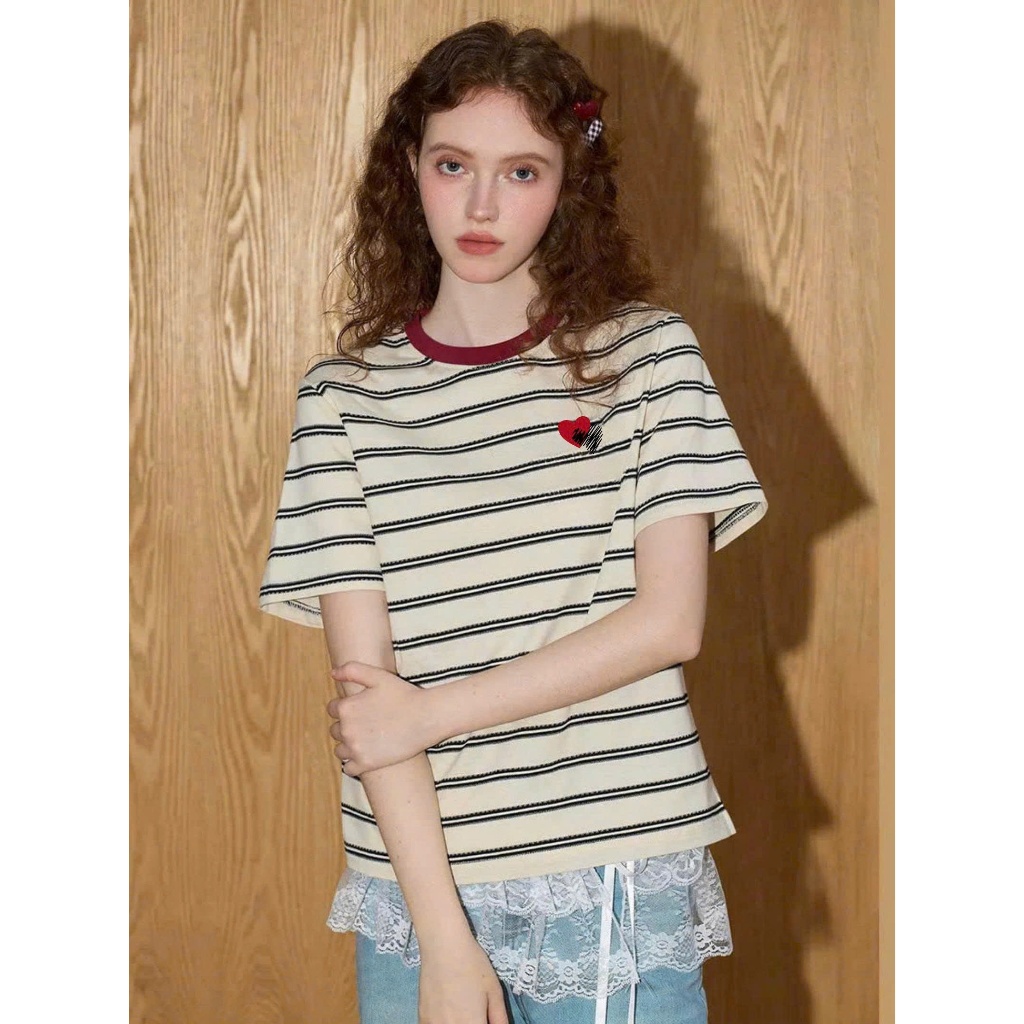 Màu mới Áo thun kẻ sọc mặc Tết siêu xinh JULY FASHION, Áo phông nữ ngắn tay in hình chất thun cotton dày dặn mặc mát