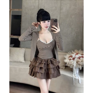 Set thun sọc váy tuyết mưa dáng xòe tiểu thư dễ thương tôn dáng mặc đi chơi