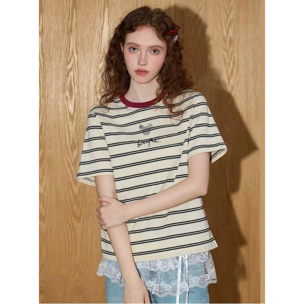 Màu mới Áo thun kẻ sọc mặc Tết siêu xinh JULY FASHION, Áo phông nữ ngắn tay in hình chất thun cotton dày dặn mặc mát