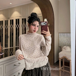VMY Studio - Áo thun hóa nhí cổ gợn sóng xinh xắn nữ, áo dài tay cổ bèo hoa nhí đáng yêu nữ
