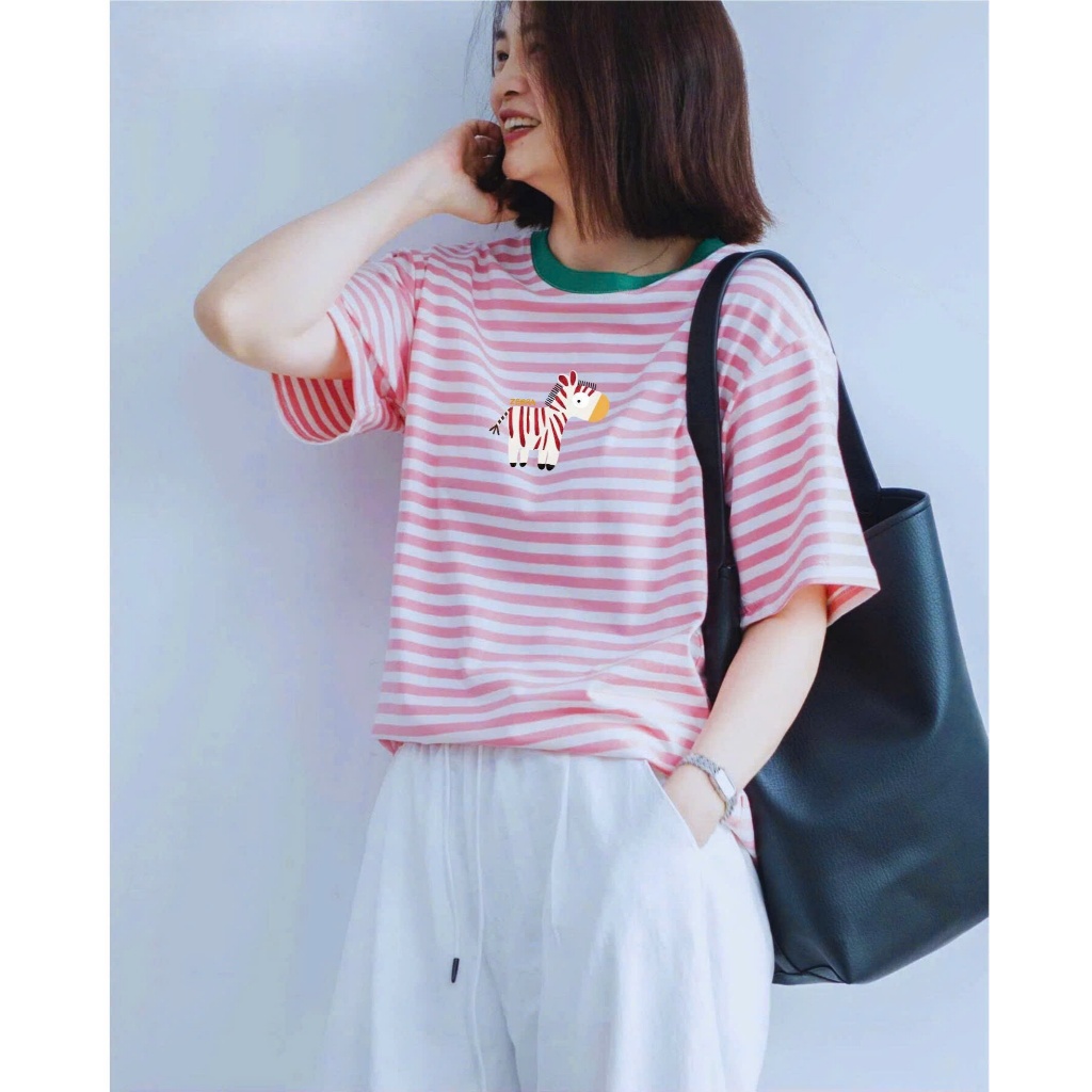 Màu mới Áo thun kẻ sọc mặc Tết siêu xinh JULY FASHION, Áo phông nữ ngắn tay in hình chất thun cotton dày dặn mặc mát