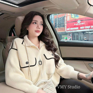 VMY Studio - Áo khoác len ép phối viền tay len QC , áo khoác túi hộp len rút eo xinh xắn nữ