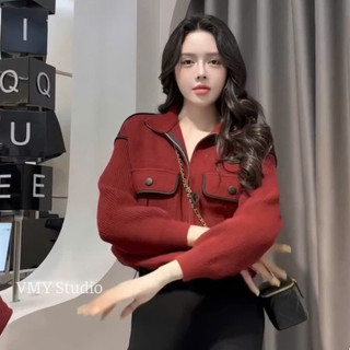 VMY Studio - Áo khoác len ép phối viền tay len QC , áo khoác túi hộp len rút eo xinh xắn nữ