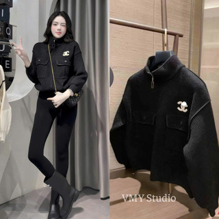 VMY Studio - Áo khoác len ép phối viền tay len QC , áo khoác túi hộp len rút eo xinh xắn nữ