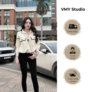 VMY Studio - Áo khoác len ép phối viền tay len QC , áo khoác túi hộp len rút eo xinh xắn nữ