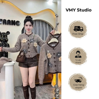 VMY Studio - Áo khoác len cardigan dài tay phối hoa tím xinh xắn, áo len cardigan đính cúc tim đính hoa nổi QC