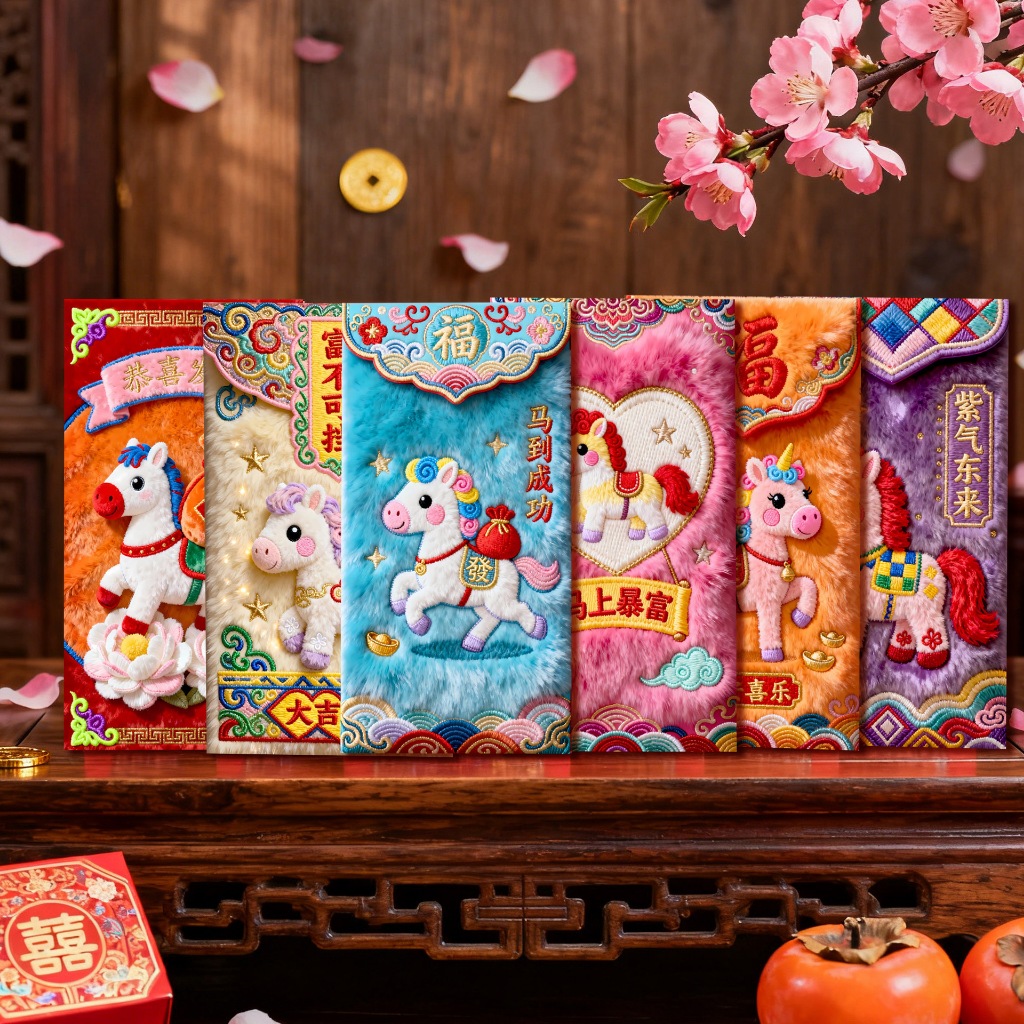 Xấp 6/30 Bao Lì Xì 5D Hiệu Ứng In Giả Thêu Ngựa Thần Tài Thổ Cẩm May Mắn Tài Lộc Cao Cấp Tết Việt Nam -Đồ Chơi PUKAPI