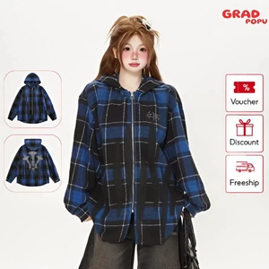 Áo sơ mi nữ GRADPOPU kẻ caro xanh thời thượng kiểu dáng rộng rãi mỏng nhẹ cao cấp và trẻ trung SM32