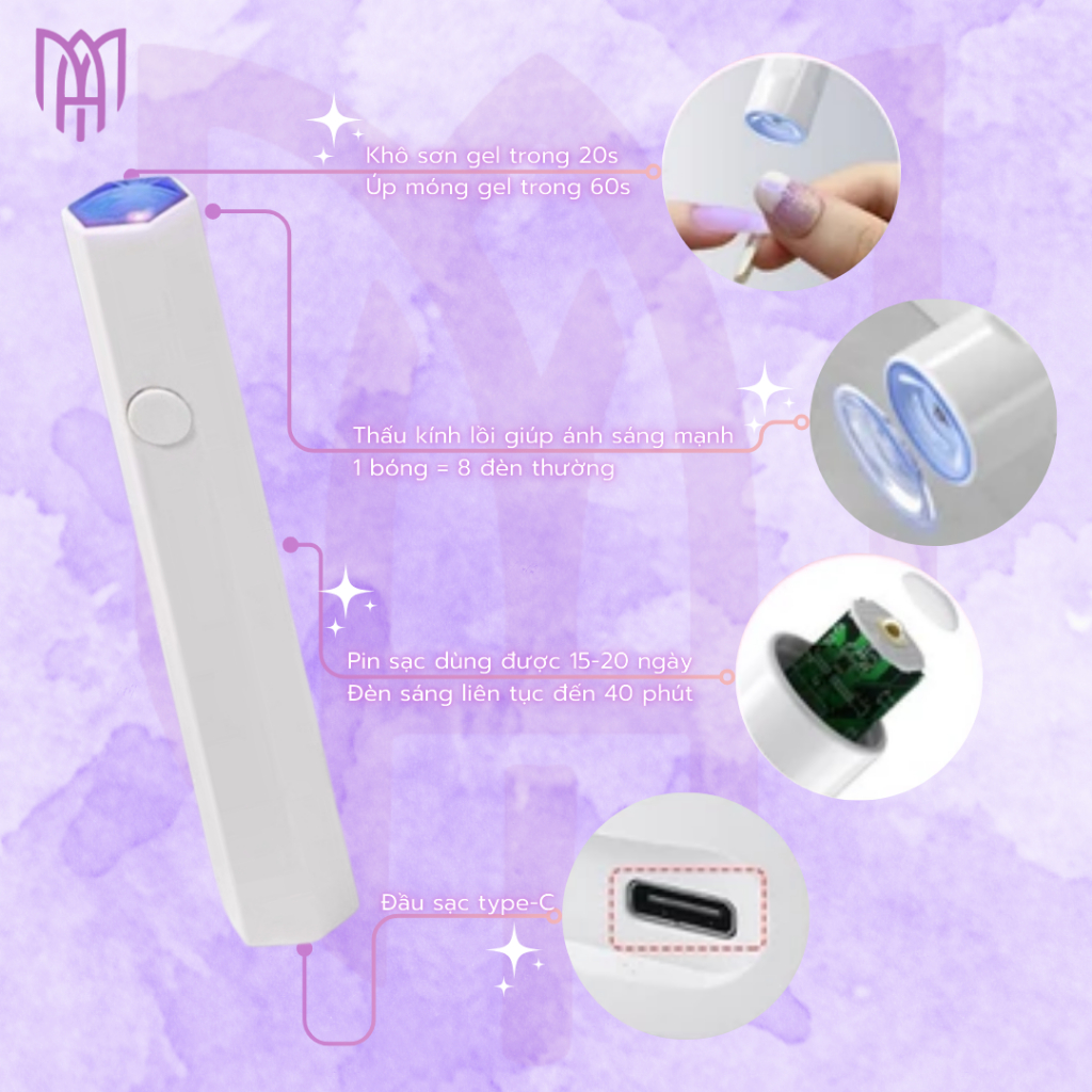 Đèn LED Hơ Sấy UV Gel Cầm Tay Mini Tích Điện 1 Ngón - Sạc Pin Trâu 180mAh - 1 Đổi 1 Trong 30 Ngày
