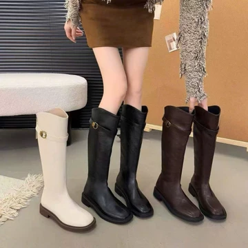 Bốt Đế bệt Boot Nữ Da Mềm Đế Bệt Thấp Boot Đùi Cao cổ khóa sau kèm đai ngang cách điệu Bốt đùi nữ Boot nữ thời trang