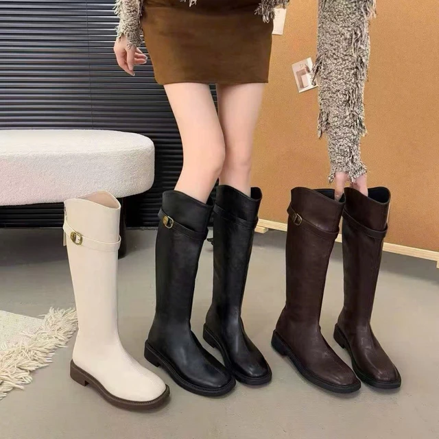 Bốt Đế bệt Boot Nữ Da Mềm Đế Bệt Thấp Boot Đùi Cao cổ khóa sau kèm đai ngang cách điệu Bốt đùi nữ Boot nữ thời trang