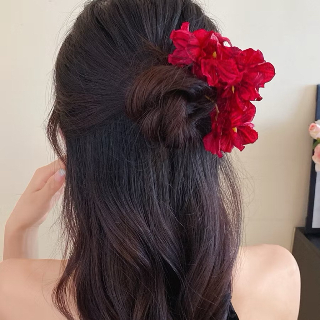 [SỈ] Bộ 3 Kẹp Tóc Cài Tóc Hoa Đỏ Mặc Áo Dài Tết , Cô Dâu Màu Đỏ Cẩm Tú Cầu