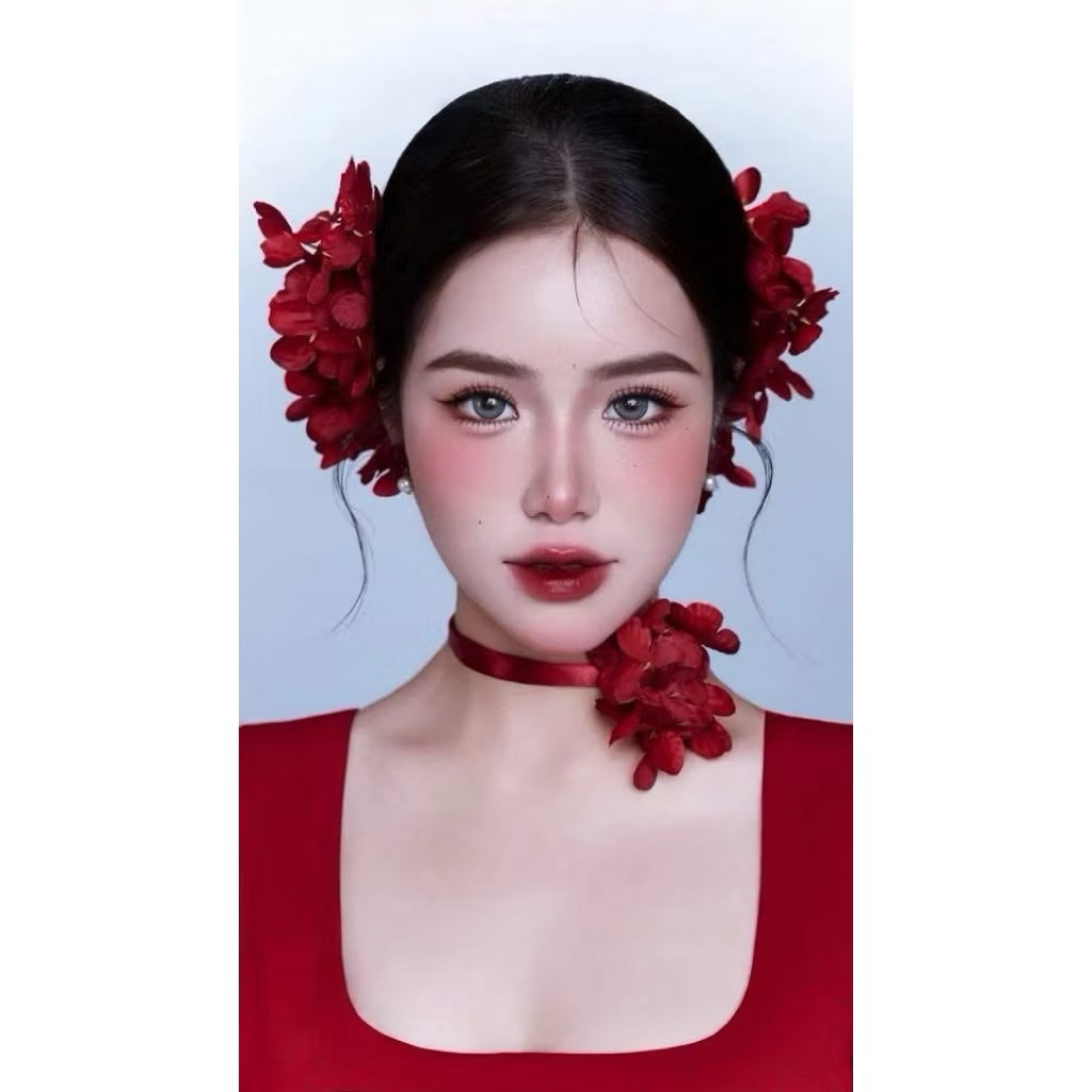 [SỈ] Bộ 3 Kẹp Tóc Cài Tóc Hoa Đỏ Mặc Áo Dài Tết , Cô Dâu Màu Đỏ Cẩm Tú Cầu