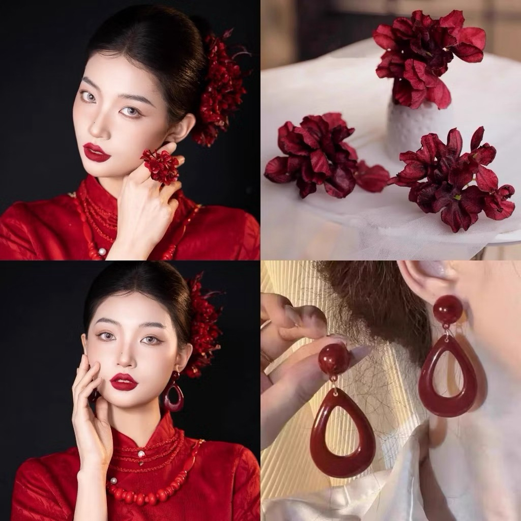 [SỈ] Bộ 3 Kẹp Tóc Cài Tóc Hoa Đỏ Mặc Áo Dài Tết , Cô Dâu Màu Đỏ Cẩm Tú Cầu