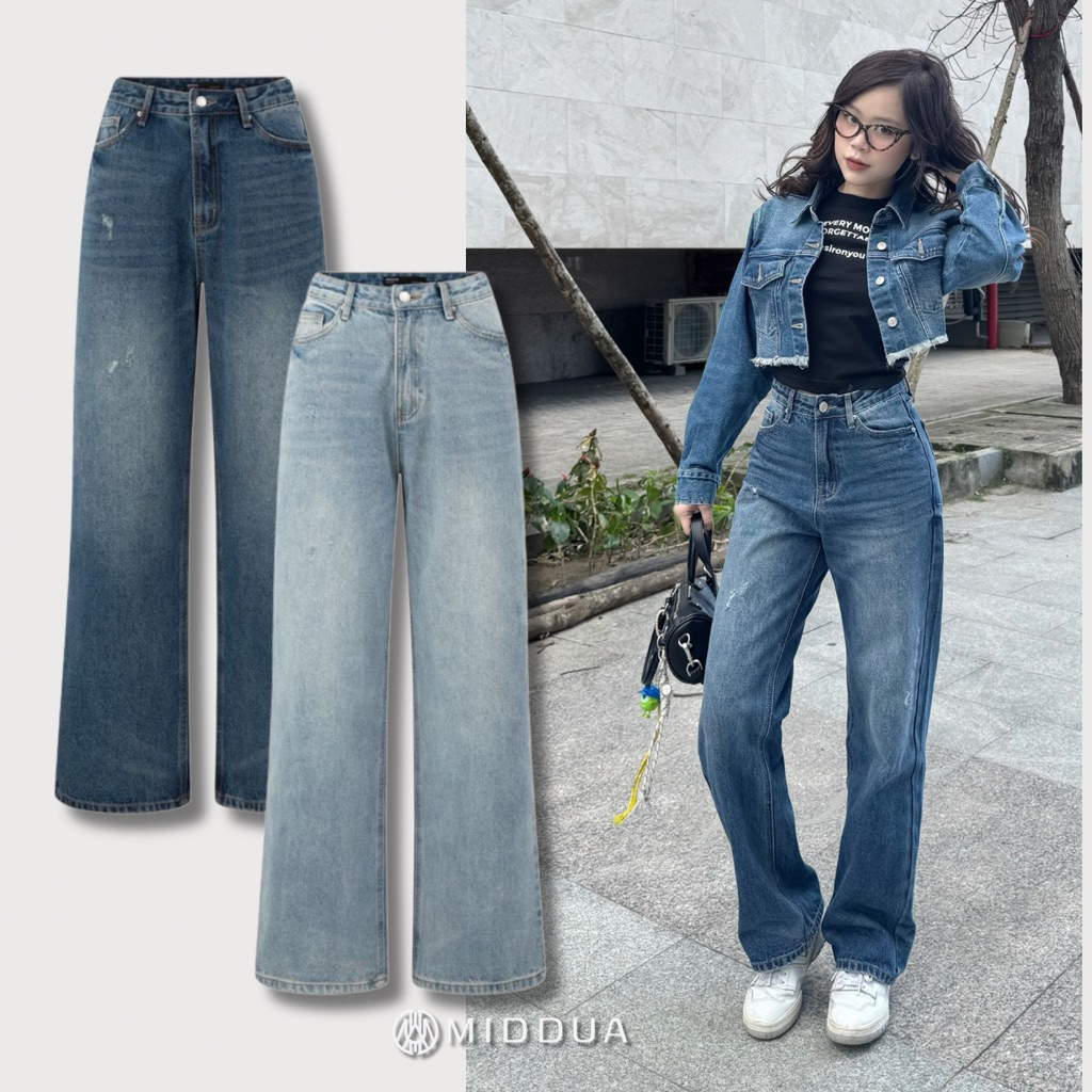 MIDDUA - JN207 Quần suông nữ denim, rách mài