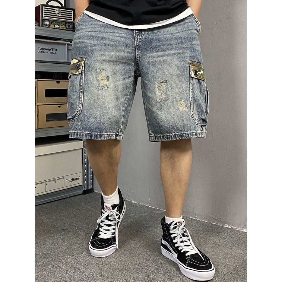 Quần short Jean nam Quảng Châu cao cấp phom to đại quần túi hộp phối dàn di xước rách phong cách thể thao nam tính 1182