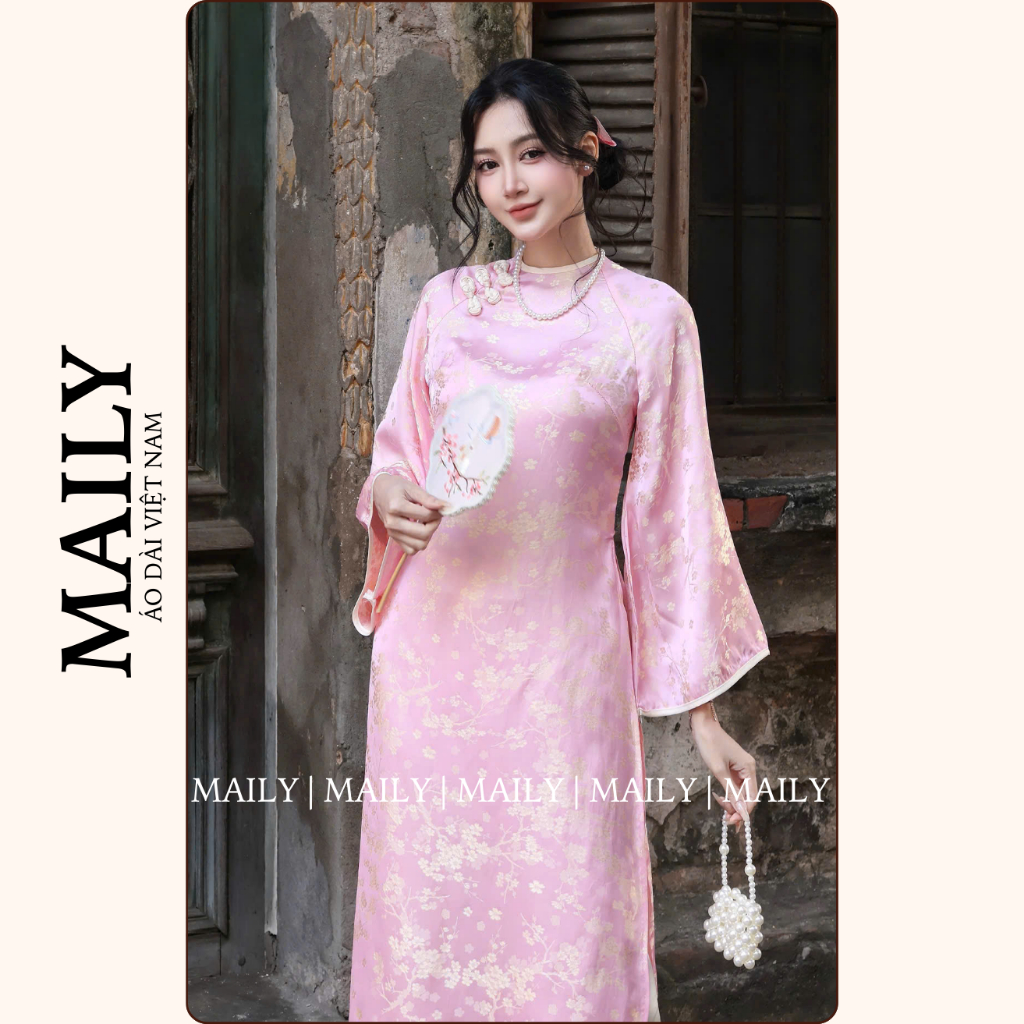 Dài Đào Hoa Dáng Cách Tân Thiết Kế Cổ Tròn Tay Loe Duyên Dáng Đón Xuân - ÁO DÀI MAILY