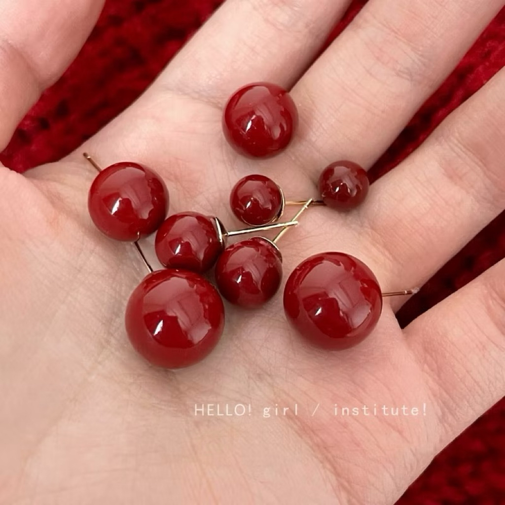 Bông Tai Tròn Đỏ Cherri Phong Cách Hồng Kông Bông Tai Tết Ngọt Ngào