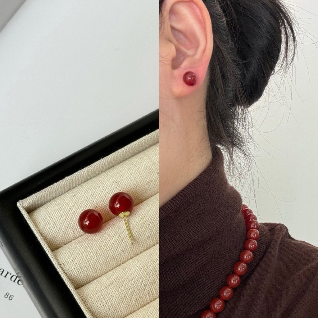 Bông Tai Tròn Đỏ Cherri Phong Cách Hồng Kông Bông Tai Tết Ngọt Ngào