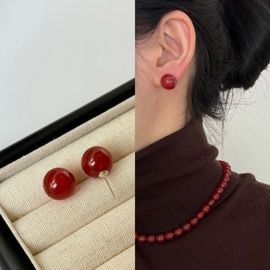 Bông Tai Tròn Đỏ Cherri Phong Cách Hồng Kông Bông Tai Tết Ngọt Ngào